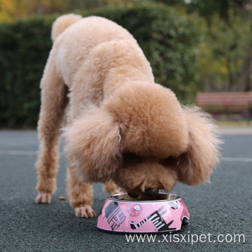 Pink Pet Non-slip Raised Steel Melamine Dog Bowl